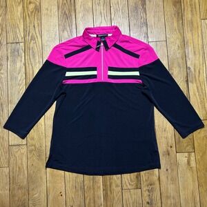 DKNY GOLF Womens Pink Black Colorblock Quarter Zip 3/4 Sleeve Polo Top Size M